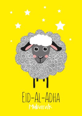 Mavi arka planda Arap İslami metni olan koyunların vektör illüstrasyonu