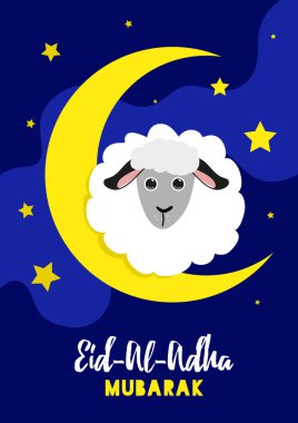 Mavi arka planda Arap İslami metni olan koyunların vektör illüstrasyonu