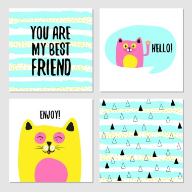 Arkadaş için mutlu kedi tebrik kartları, vektör illüstrasyonu