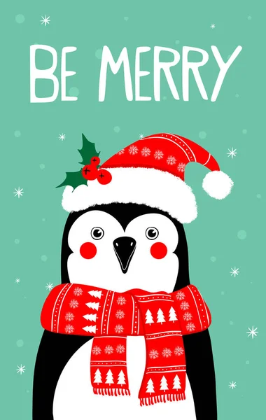 Merry Christmas Wenskaart Met Pinguïn Karakter Vector Illustraties — Stockvector