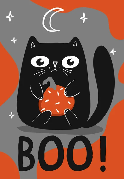 Happy Halloween Greeting Card Black Cat Character Pumpkin Vector Illustrations — Stock Vector