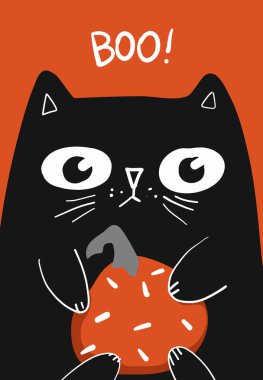 Kara kedi karakterli ve balkabaklı Cadılar Bayramı tebrik kartınız kutlu olsun.