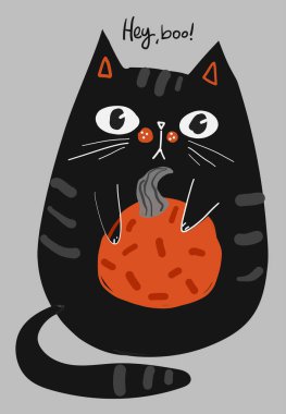 Kara kedi karakterli ve balkabaklı Cadılar Bayramı tebrik kartınız kutlu olsun.