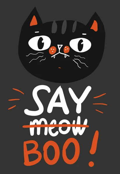 Šťastný Halloween Přání Černou Kočkou Charakter Dýně Vektorové Ilustrace Řekni — Stockový vektor
