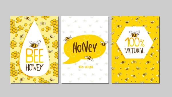 Set Stickers Banners Posters Cute Bees Flowers Honey Lettering Vector Vector Graphics