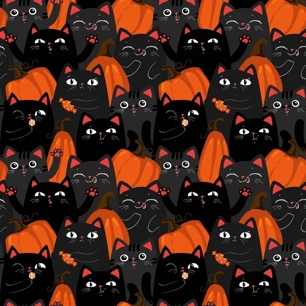 Patrón Infantil Sin Costuras Con Lindo Gato Negro Calabaza — Vector de stock