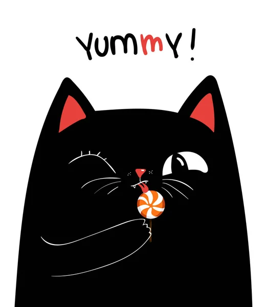 可爱的黑猫吃白色背景的糖果 — 图库矢量图片