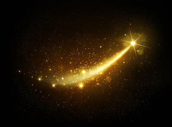 Zlatý magic Star, padající hvězda na černém pozadí, kometa — Stock fotografie