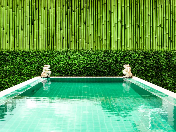 Spa onsen medence és zöld növényi bambusz fal — Stock Fotó