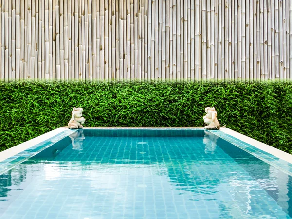 Piscina e planta verde fundo de bambu — Fotografia de Stock