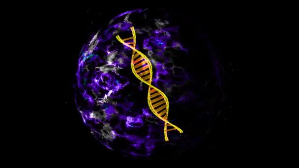 Soyut DNA çekirdek görselleştirme teknolojisi dijital menekşe enerji yüzeyi ve dışarıda parçacıklar — Stok video