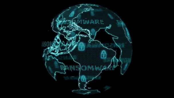 Mapa mundial digital global y la investigación tecnológica desarrollaranálisis pomento para el ataque ransomware — Vídeo de stock