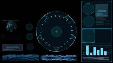 Radar, dünya haritası analiz veri çubuğu ve grafik yüzeyi ile dijital teknolojiyi inceler
