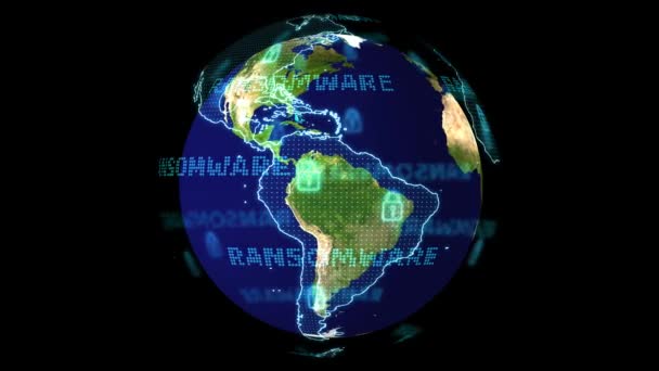 Coğrafya haritası dijital küresel dünya haritası ve fidye yazılımı kırmızı alear tespit edildi, NASA tarafından desteklenen bu görüntünün elementleri — Stok video