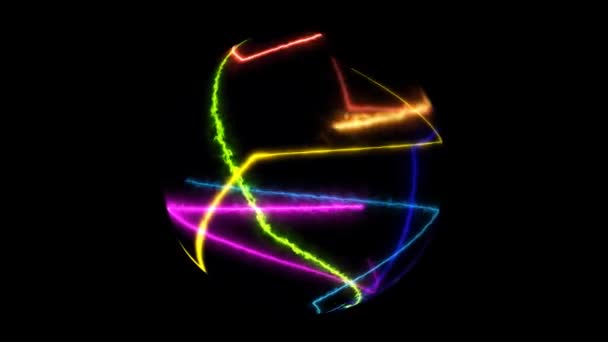 Luz de arco iris abstracta láser al azar moviéndose en esfera de bola en pantalla negra — Vídeos de Stock