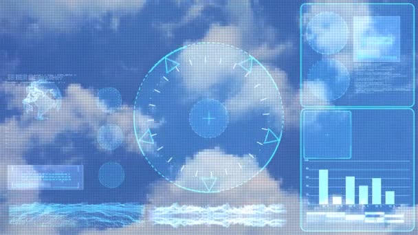 Radar monitorujący bada technologię cyfrową z monitorem elementu chmury nieba pasek danych analizy i grafiki dla klimatu i pogody — Wideo stockowe