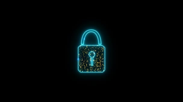 Цифровий замок безпеки значок соціальних медіа вибуховий золотодоларовий символ технології руху великі дані і розкішний золотий цифровий фон на чорному екрані — стокове відео