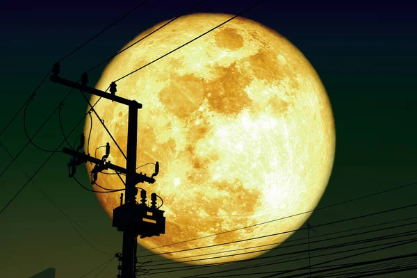 Super Harvest Moon Back Silhouette Power Electric Line Night Sky — Stok fotoğraf