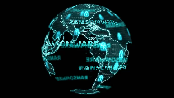 Digital global world map and technology research develpoment analysis to ransomware attack digital light text