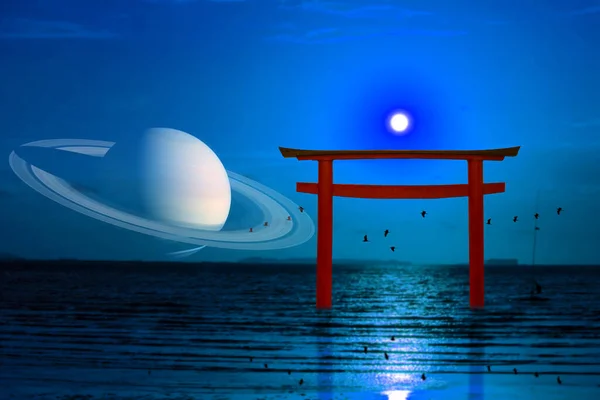 reflection full moon over torii on night sky and silhouette birds flying on the sea