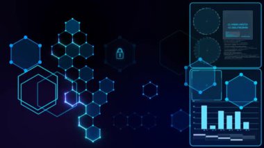 Sağ tarafta asma kilit ve anahtar deliği simgesi ve analiz grafik radarı olan entegre altıgen ile soyut siber güvenlik bağlantı sistemine kilitlenmiş gelecekçi dijital akıllı