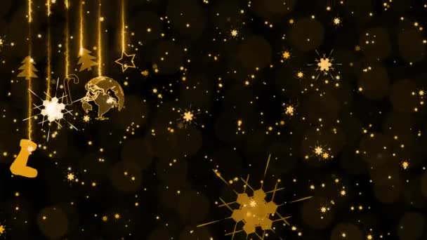 Χριστουγεννιάτικο θέμα έχει ψηφιακό κόσμο κάλτσα αστέρια δέντρα γλυκό ραβδί και νιφάδες χιονιού σωματίδια πτώση πολυτέλεια χρυσό τόνο φόντο — Αρχείο Βίντεο