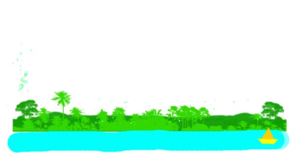绿叶飘扬在蓝色河流和森林小山的背景上，飘扬着飘扬的船旗，飘扬在社会媒体的抒情诗题名和标题动画文本之上 — 图库视频影像