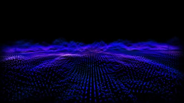 อนาคตนามธรรมสีม่วงเรืองแสงสีฟ้าบินเหนือรูปคลื่นเสียงเพลงสั่นลูกเทคโนโลยีภาพคลื่นพื้นผิวดิจิตอล — วีดีโอสต็อก