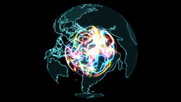 Világ térkép digitális fény kék és elvont színes mag erős szivárvány energia — Stock videók