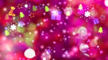 Hediye kutusu ve kar tanesi çiçeği ve kırmızı ekrana düşen altı yıldızlı dikenli kanat, Noel festivali için buz parçacıkları arkaplan bulanıklığı