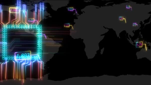 Futurista digital inteligente retorcido luz fotón chip de alta velocidad y tablero de puntuación tecnología de procesamiento de datos de potencia completa con célula de energía moviéndose y mapa del mundo de fondo — Vídeo de stock