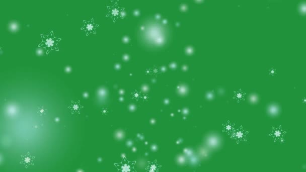 Fleur de flocon de neige et six étoiles six branche épine aile tombant sur écran vert, particules de poussière de glace élément pour Noël festival fond vert — Video