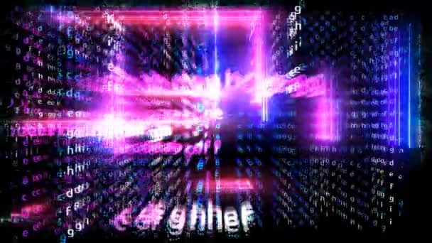 Matrix alphabet dimension vertical and horizental with magenta blue and purple laser abstract light effect falling on black screen — Αρχείο Βίντεο