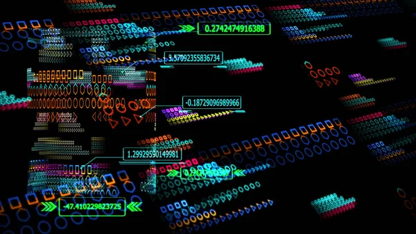 量子计算机未来学技术大数据数字全息图处理与分析及外调边框箭数值飞行抽象多边形背景 — 图库照片