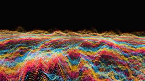 Futurista abstracto rojo azul amarillo oscilación de la bola de forma de onda, visualización tecnología de ondas superficie digital con partículas estrellas — Vídeo de stock