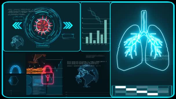 Futuristisch technologisch onderzoek en digitale CCTV verwerkingsdata informatie met grafiek voor analyse vaccin van COVID 19 virus terug te komen en mutatie — Stockvideo