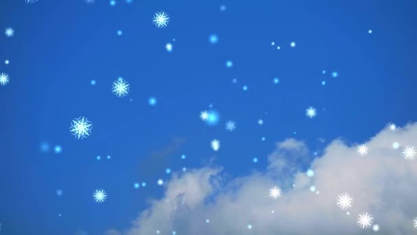 Flocons de neige branche six étoiles courte épine chute de poussière de glace particules élément pour Noël et veille de Noël ciel bleu clair nuage blanc et avion volant arrière-plan — Video