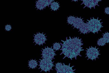 Virüs covid-19 topu koyu mor mavi siyah ekranda havada süzülüyordu