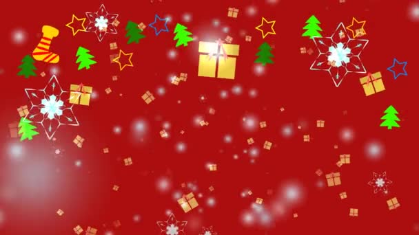 Zlatá dárková krabice a sněhová vločka květina a šest hvězd šest trn křídlo padá na červenou obrazovku, led prach částice prvek pro vánoční festival červené pozadí — Stock video