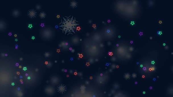 Νιφάδες χιονιού έξι αστέρων κλαδί βραχυκύκλωμα φτερό αγκάθι πτώση σωματιδίων σκόνης πάγου στοιχείο και ουράνιο τόξο αστέρι που φέρουν για τα Χριστούγεννα και παραμονή Χριστουγέννων σκούρο κυανό φόντο — Αρχείο Βίντεο