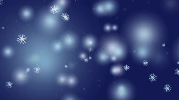 雪の結晶6つ星6つの枝のとげの翼の黒い画面に落ちる、氷の塵の粒子要素クリスマス祭りのためのダークブルーの背景 — ストック動画
