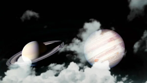 Сатурн Юпитер Поднимаются Обратной Стороне Силуэта Облака Ночном Небе Элементы — стоковое фото