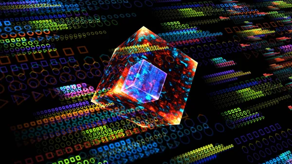 Quantum computer core futuristic technology digital layer dimension holographic process and analysis for big data and abstract orange zone polygon background