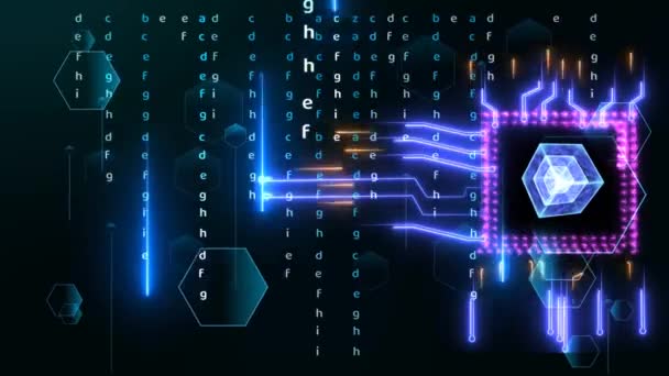 Futuristische digitale dimensie kubus intelligente chip data processing technologie vol vermogen en energie cel bewegen rond en matrix alfabet met hexagon motion achtergrond — Stockvideo