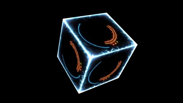Cubo absracto laranja aqua círculo linha brilho luz e triangel e hexágono estrela e poder minúsculo três cor corrida toda a rotação — Vídeo de Stock