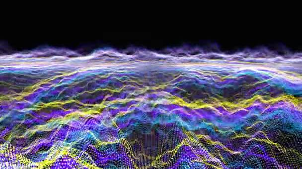 Futurista abstracto violeta violeta brillo amarillo azul volar sobre forma de onda sonido música bola oscilación, visualización onda tecnología superficie digital — Vídeo de stock