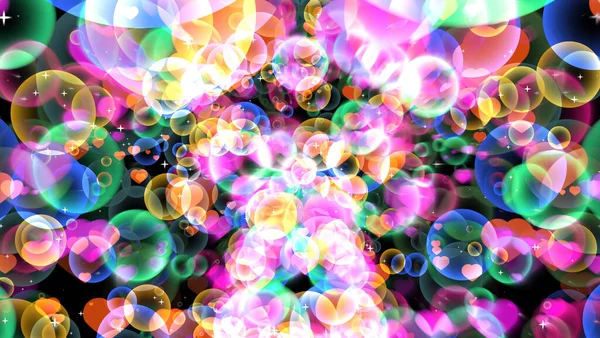 Rainbow Reflektion Bubblor Med Hjärtan Flyter Svart Bakgrund Med Vit — Stockfoto