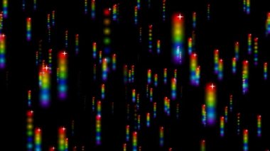 100 parçacık soyut gökkuşağı bulanık topu beyaz yıldız elementi yavaşça süzülüyor ve siyah ekranda soluyor