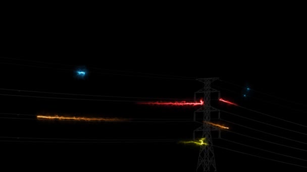 电力线上的能量和电线杆上的蓝色火花 — 图库视频影像