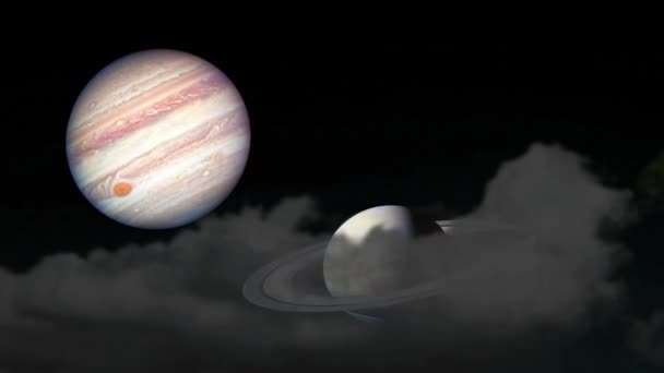 Saturn și Jupiter se ridică din nou norul de siluetă pe cerul nopții este un fenomen rar. — Videoclip de stoc